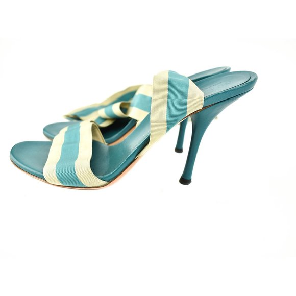 GUCCI Beige/Teal Blue "Web Stripe" & Leather Heels - Picture 2 of 11